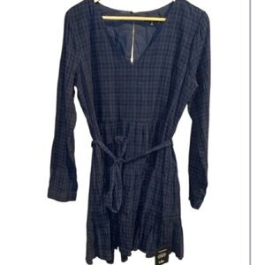 Lulus Plaid Dress lined v neck navy keyhole sash long sleeve NEW size XL